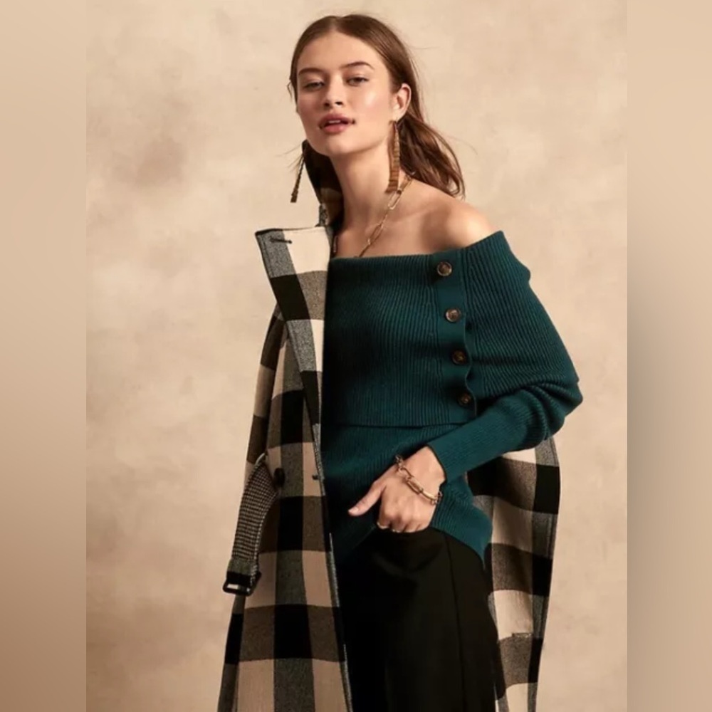 BANANA REPUBLIC Gorgeous Teal Ribbed Off-the-Shoulder Long Sleeve Sweater